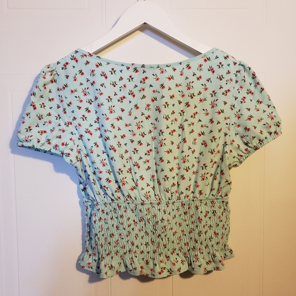 Revamped Seafoam Green Floral Top Elastic Waist Boho Frilly Woman Medium NWOT - Picture 2 of 7